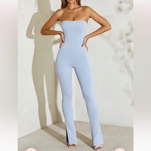 ISO Oh Polly Jamila Light Blue Strapless Flared Hem Jumpsuit